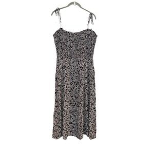MADEWELL Smocked Tie-Strap Midi Dress Floral Black White Daisy Sleeveless Sz 14